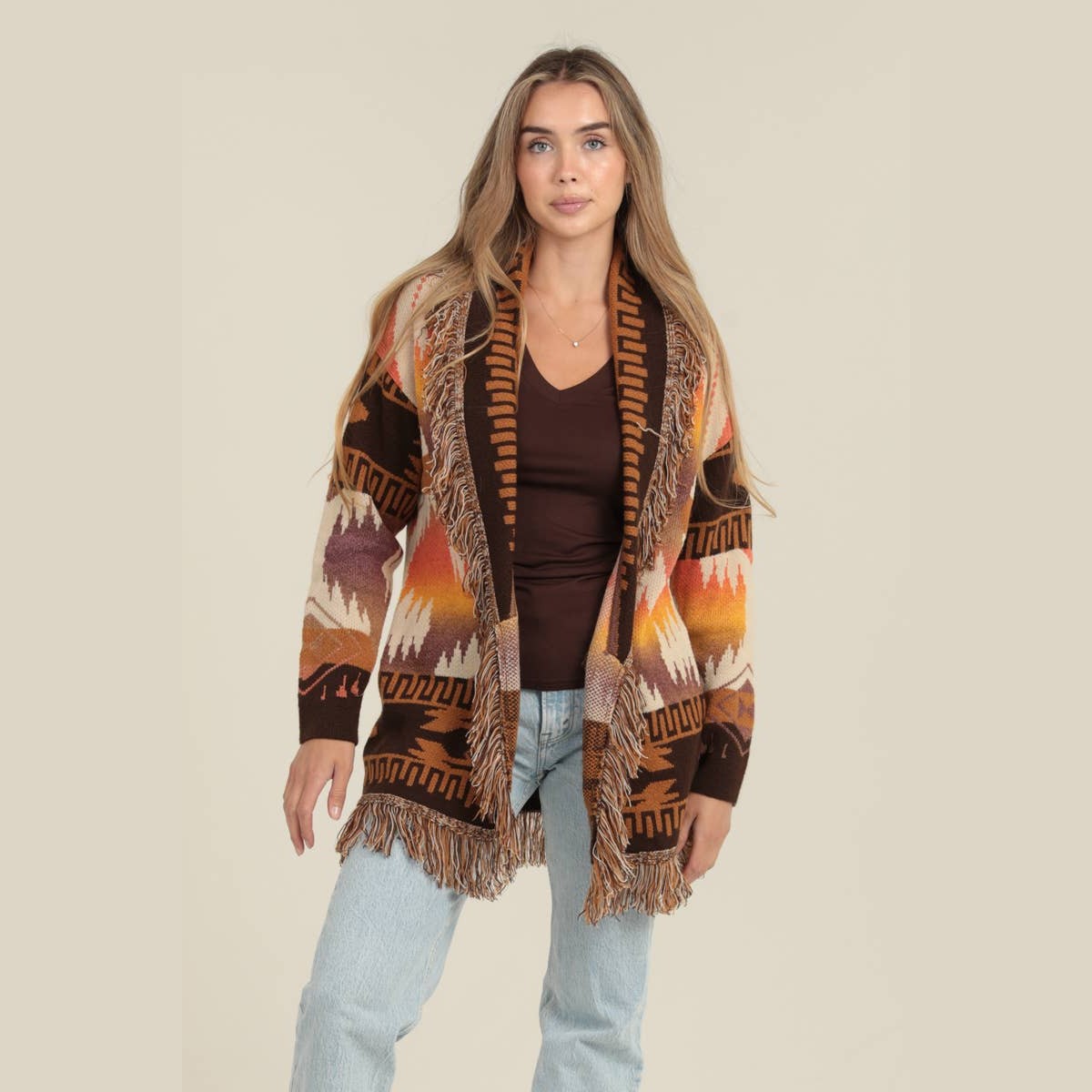 FRINGE SHAWL COLLARD AZTEC CARDIGAN SWEATER