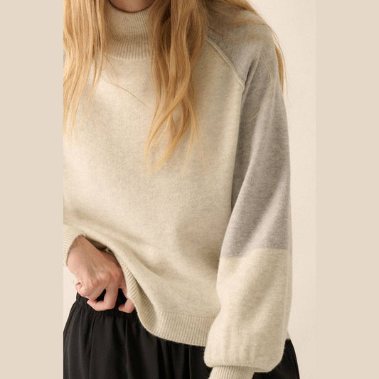 Colorblock Knit Bishop-Sleeve Mock-Neck Sweater