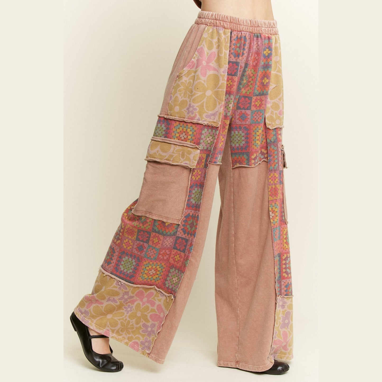 Mineral Wash Boho Crochet Floral Printed Pants