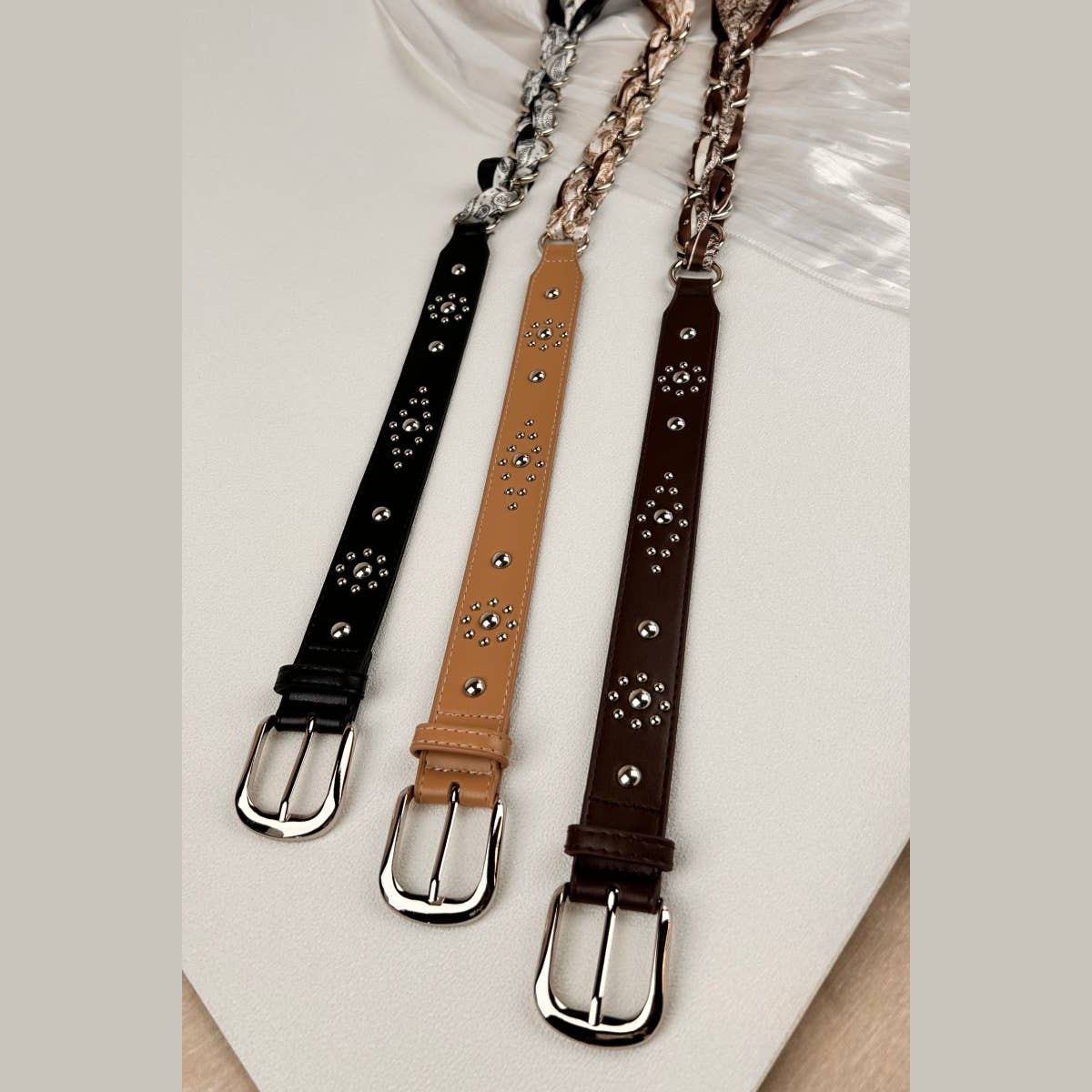 Studded Vegan Leather Belt – Satin Accent Waistband