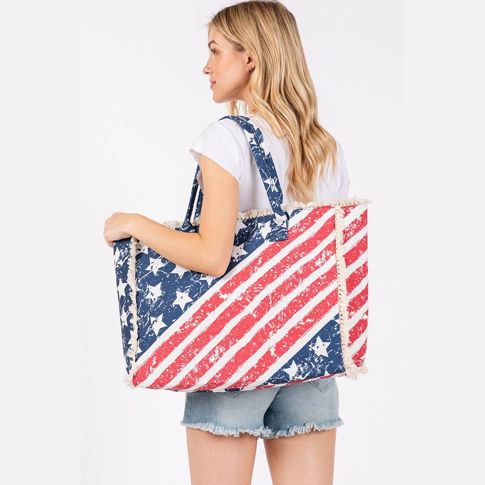 American Flag Pattern with Fringe Summer Tote Bag