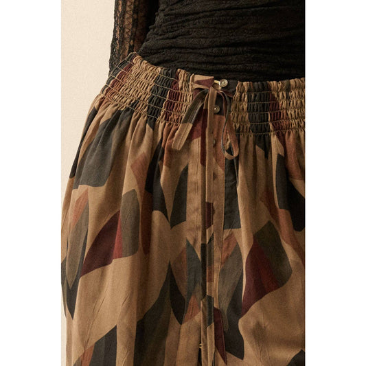 Abstract-Print Button-Front Drawstring Maxi Skirt