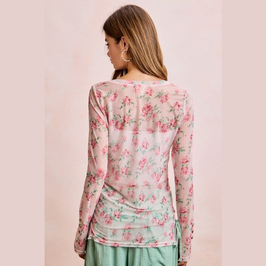 Floral Shirred Detail Button Up Mesh Cardigan Top