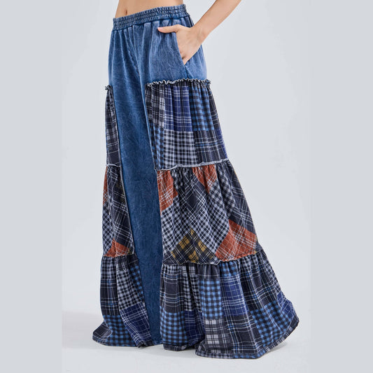 Mineral Washed Tiered Plaid Wide Flare Pants