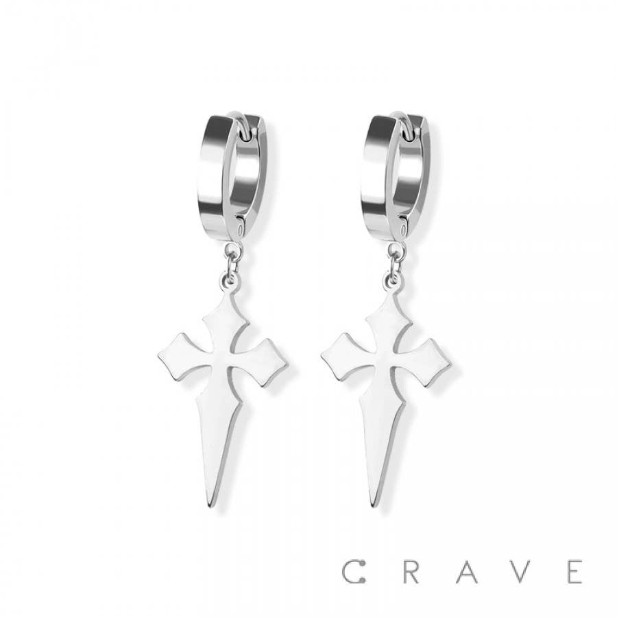 SS HUGGIE/HOOP EARRINGS WITH CROSS DAGGER DANGLE