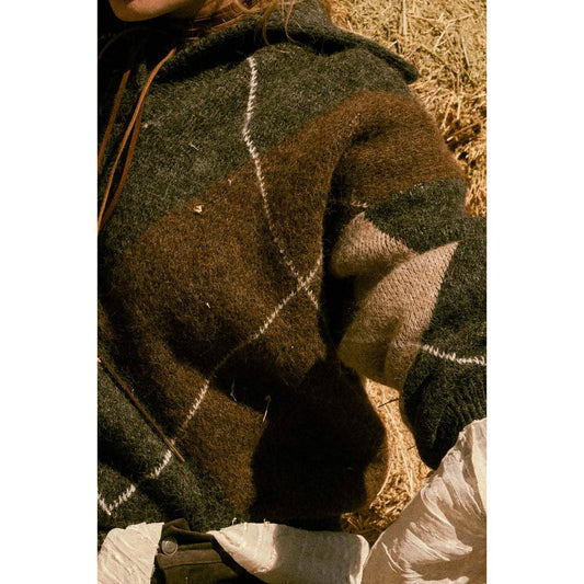 Argyle Plaid Knit Split-Neck Collared Sweater