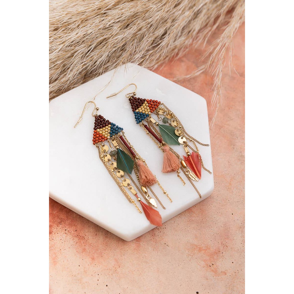 Boho Dreams Beads & Feathers Cascade Earrings