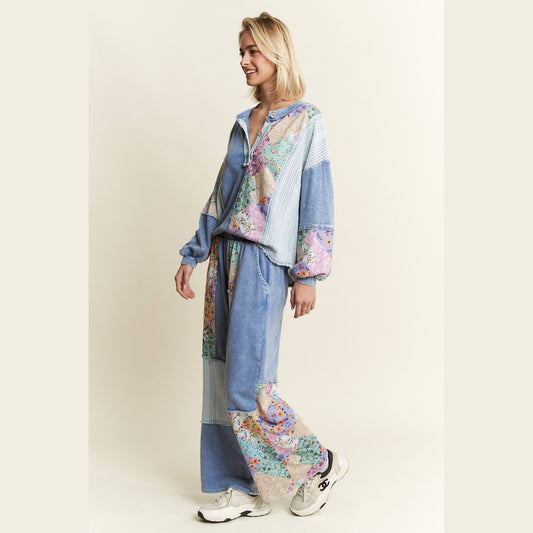 Mineral Washed Floral Wave Knit Jacquard Boho Pants