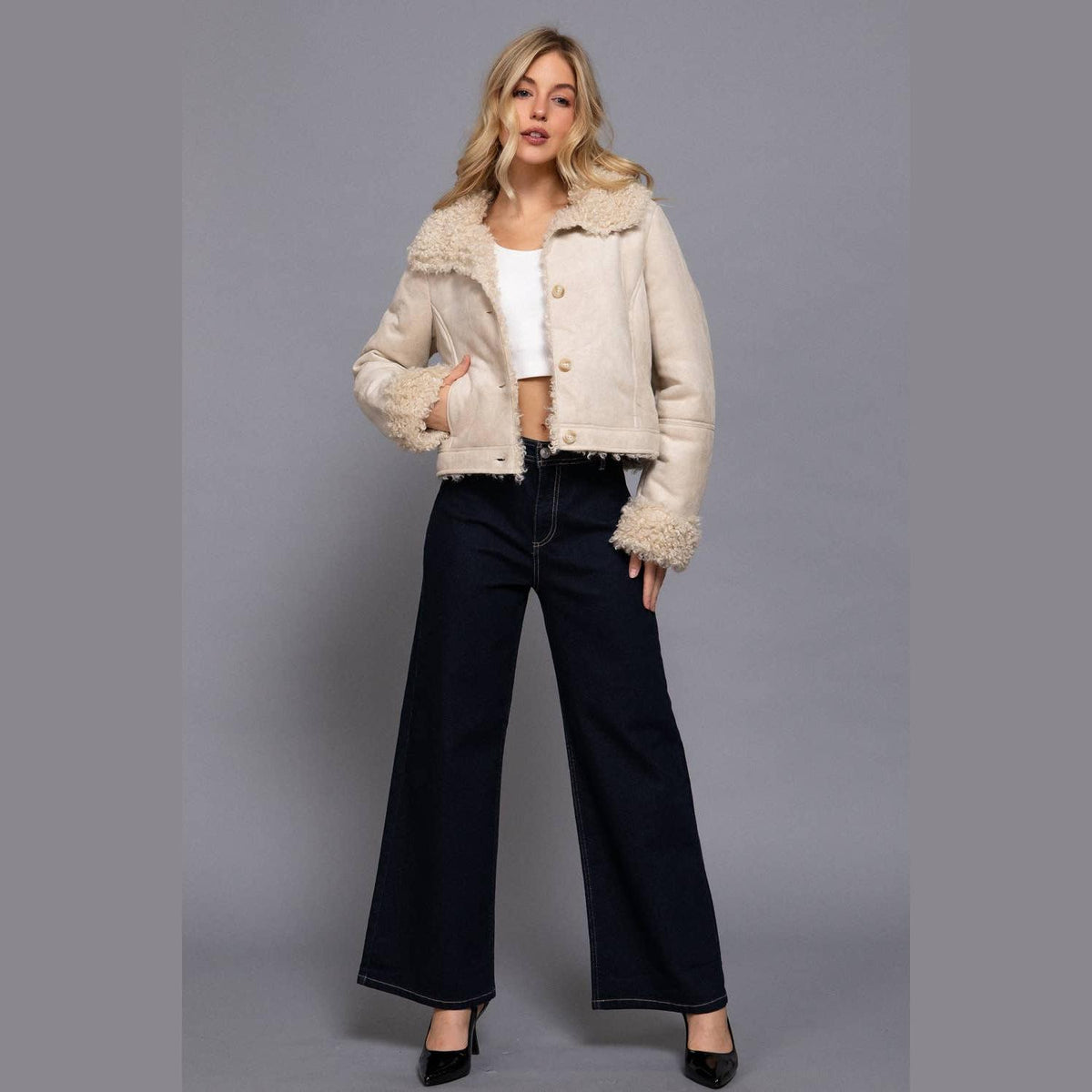 Long Sleeve Inside Fur Detail Penny Lane Suede Short Jacket - The Feral Market