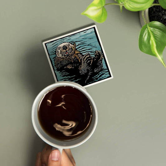 Ceramic Coaster Sea Otter, Scratchboard - The Feral Market