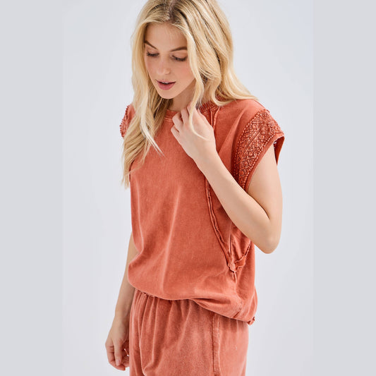 Mineral Wash Trim Cap sleeve Blouse