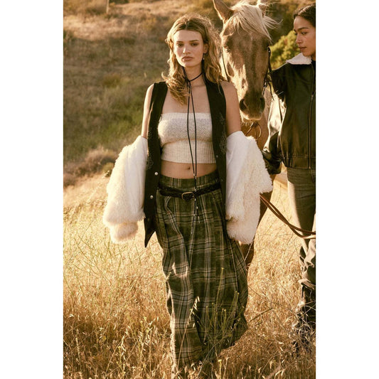 Plaid Flannel Pleated Wrapped Raw-Edge Maxi Skirt