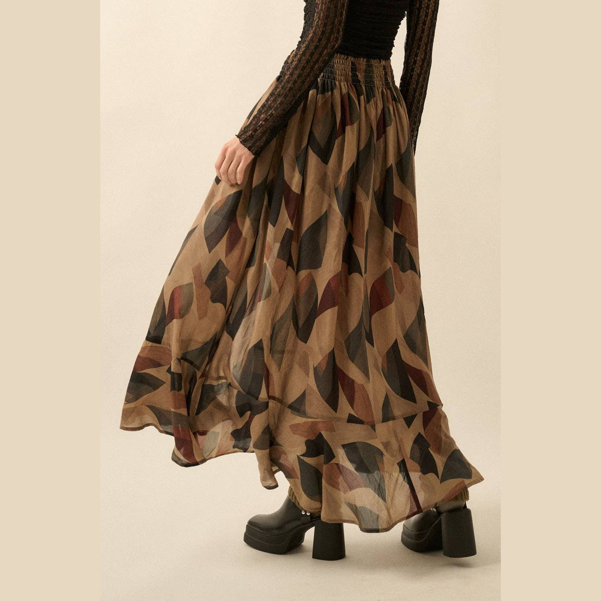 Abstract-Print Button-Front Drawstring Maxi Skirt