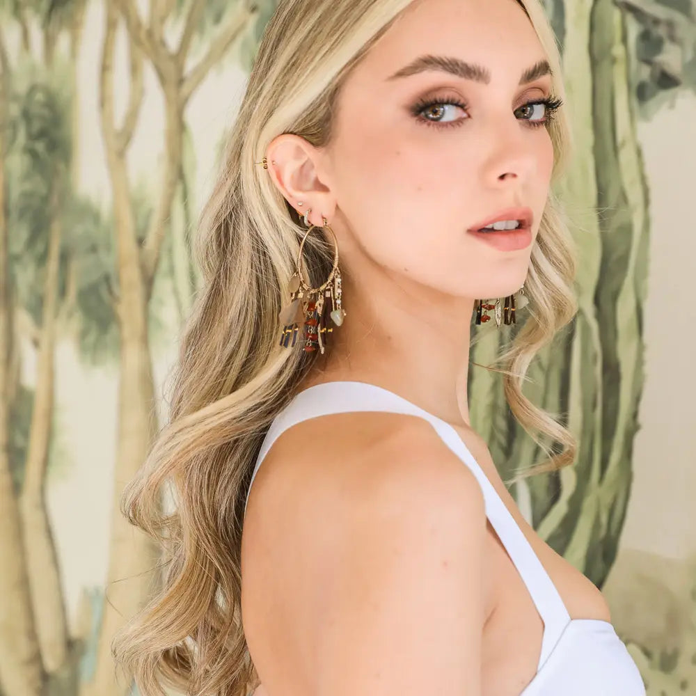 Carnelian & Jade Feather Fringe Hoop Earring