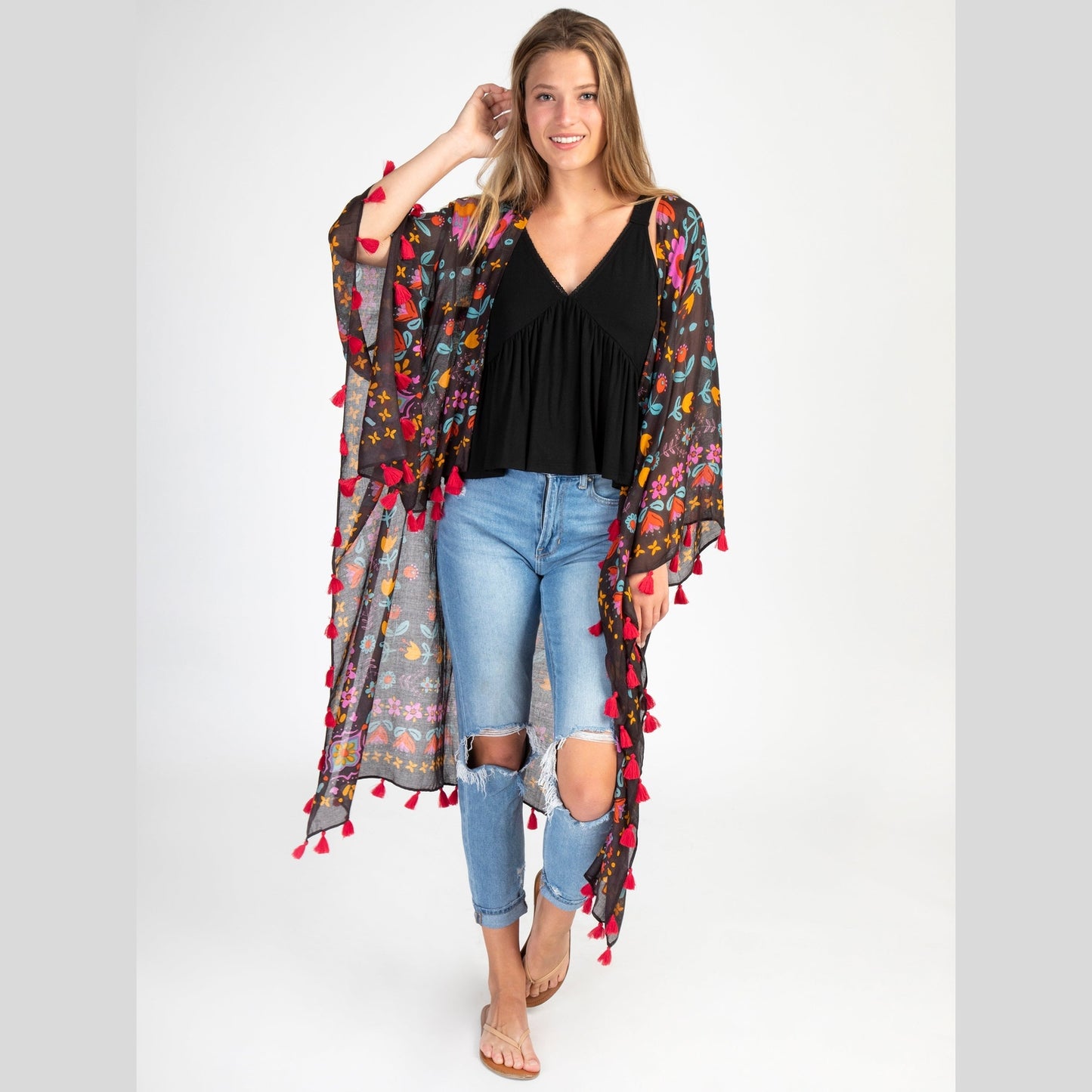 Nandita Vintage Kimono - Charcoal Border Print