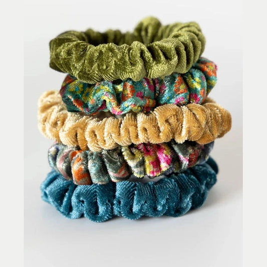 Print and Velvet Scrunchies, Set of 5 - Olive