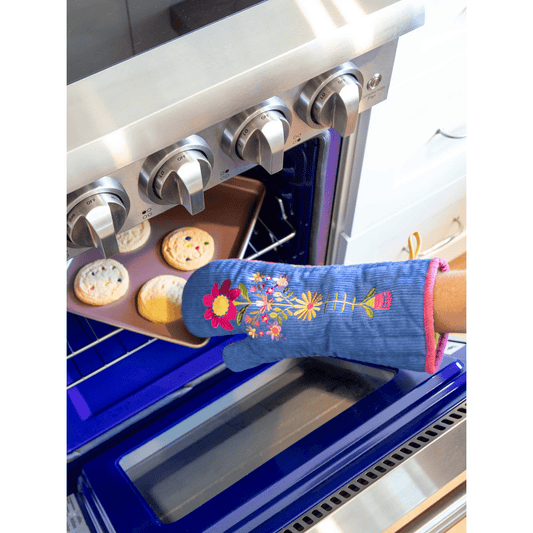 Bake Happy Double-Sided Oven Mitt - Blue Folk Flower Patchwork