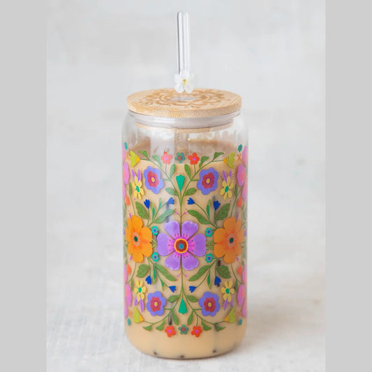 Glass Tumbler With Lid & Straw - Folk Flower