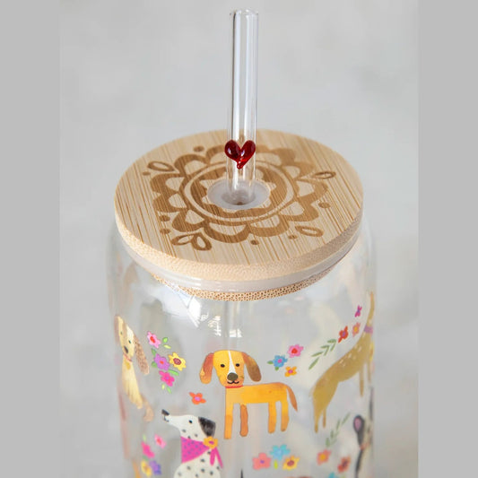 Glass Tumbler With Lid & Straw - Dog