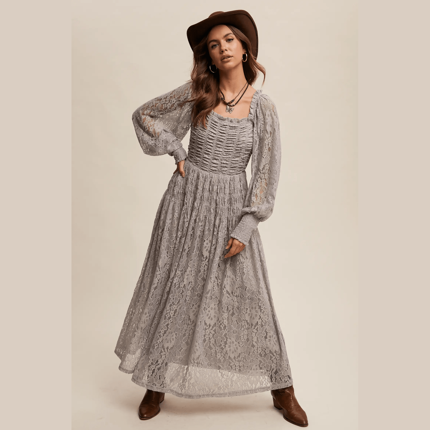 Vintage Lace Maxi Dress with Smocked Details