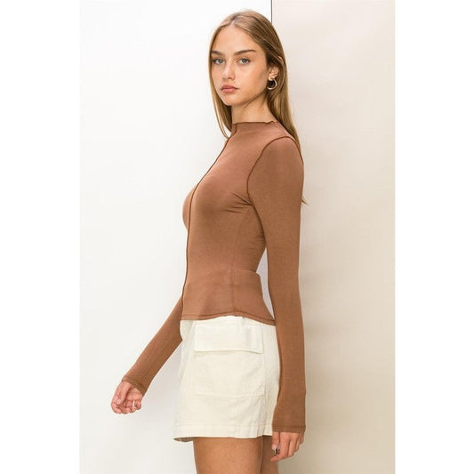 Mock Neck Seam Detail Long Sleeve Top