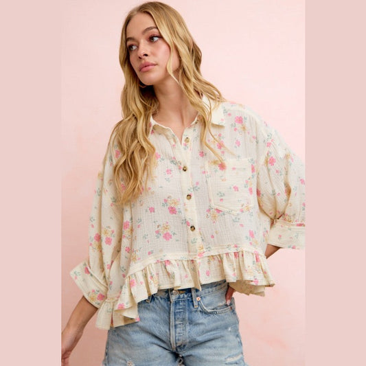 Floral Crinkle Quarter Sleeve Ruffle Hem Shirt Top