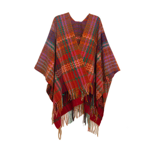 Plaid Ruana Multi-Colored Kimono shawl With Tassel Detail