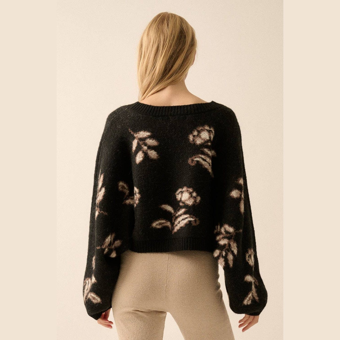 Floral Knit Cropped Dolman-Sleeve Sweater