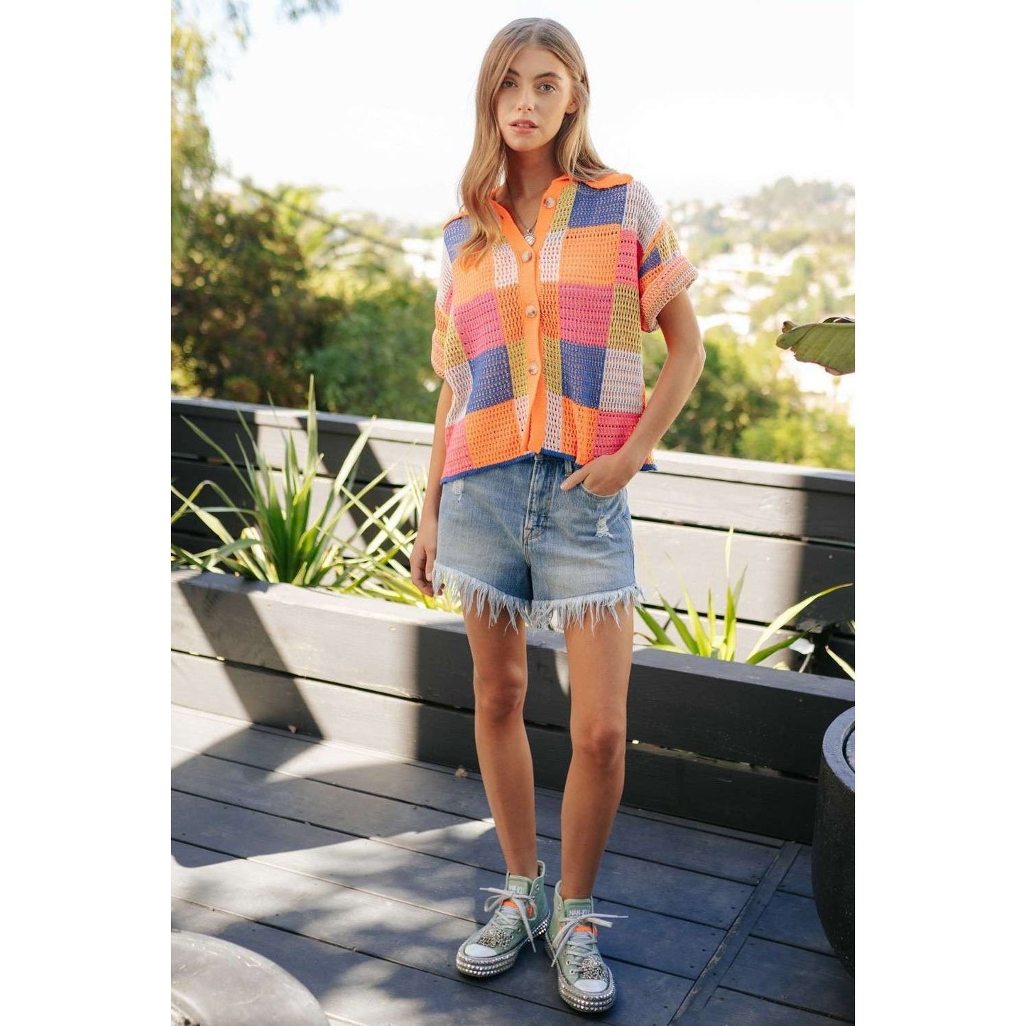 Neon Color Block Crochet Shirt