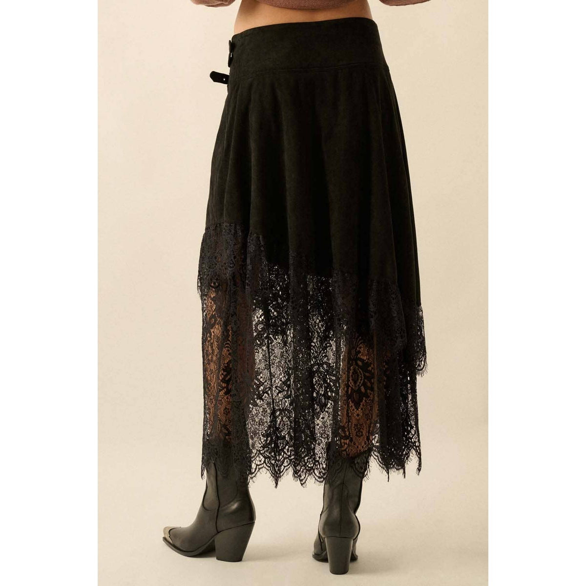 Faux Suede and Lace Buckled-Waist Maxi Skirt - The Feral Market
