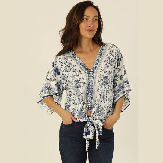 Blue and White Vintage Style Tie Up Blouse