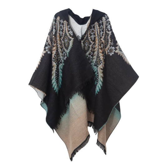 Retro paisley faux wool hooded sweater ruana wrap shawl