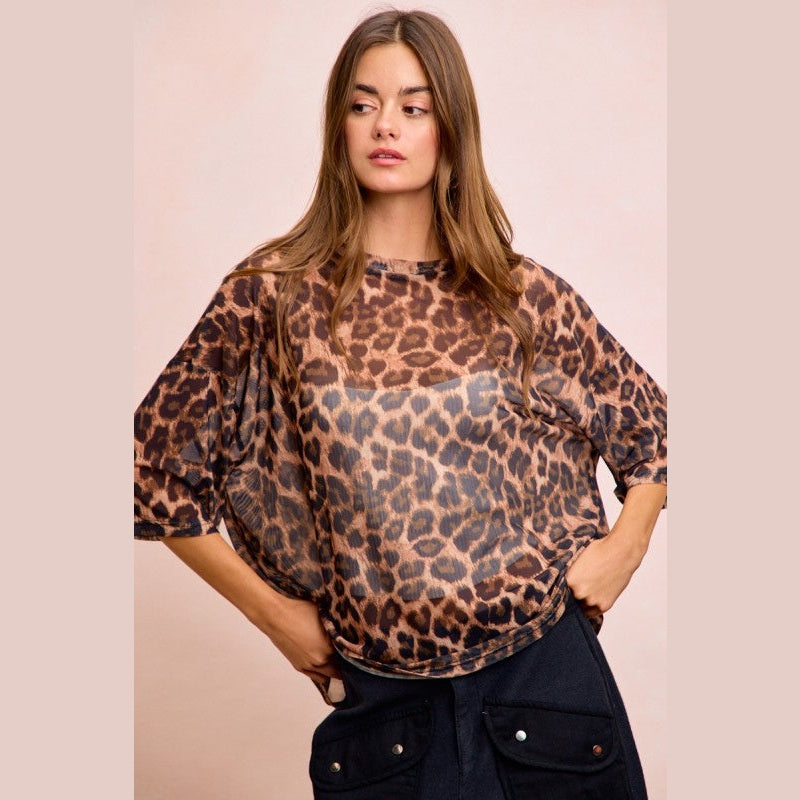 Leopard Print Short Sleeves Boxy Mesh Top