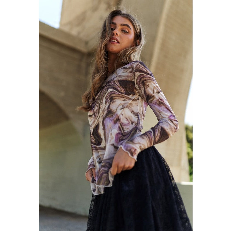 Marble Design Long Sleeve Mesh Top - The Feral Market