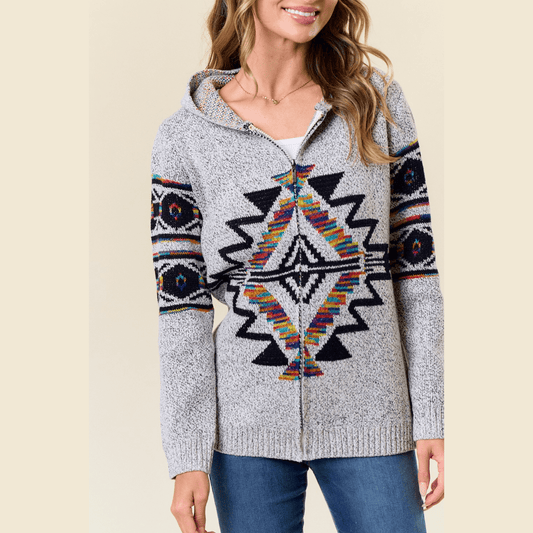 Hooded Marled Boho Print Zip Front Cardigan