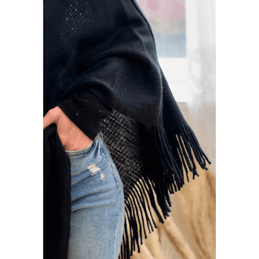 Cozy Sweater Cowl Neck Poncho With Fringe Trim