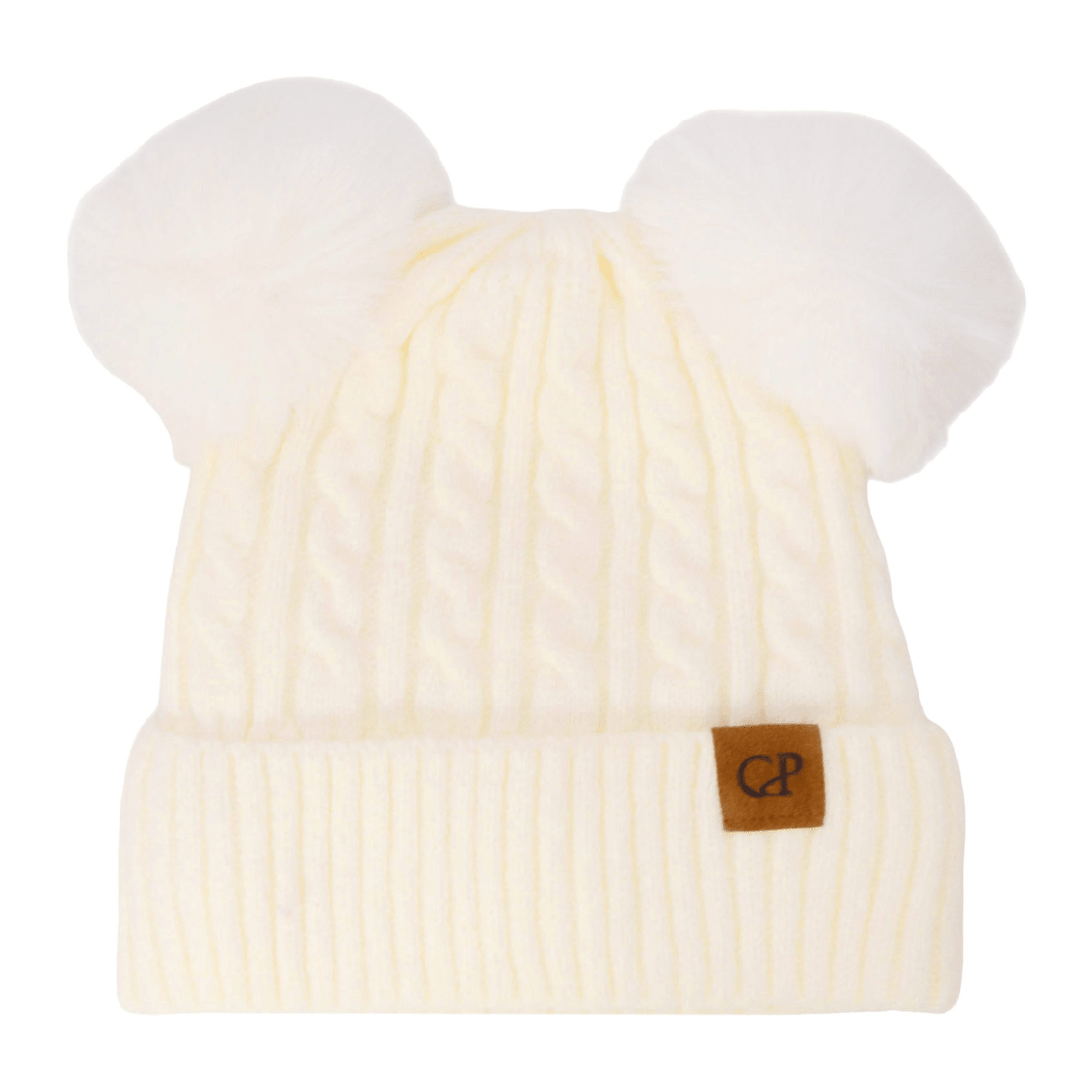 Soft Neutral Cable Knit Double Pom Beanie
