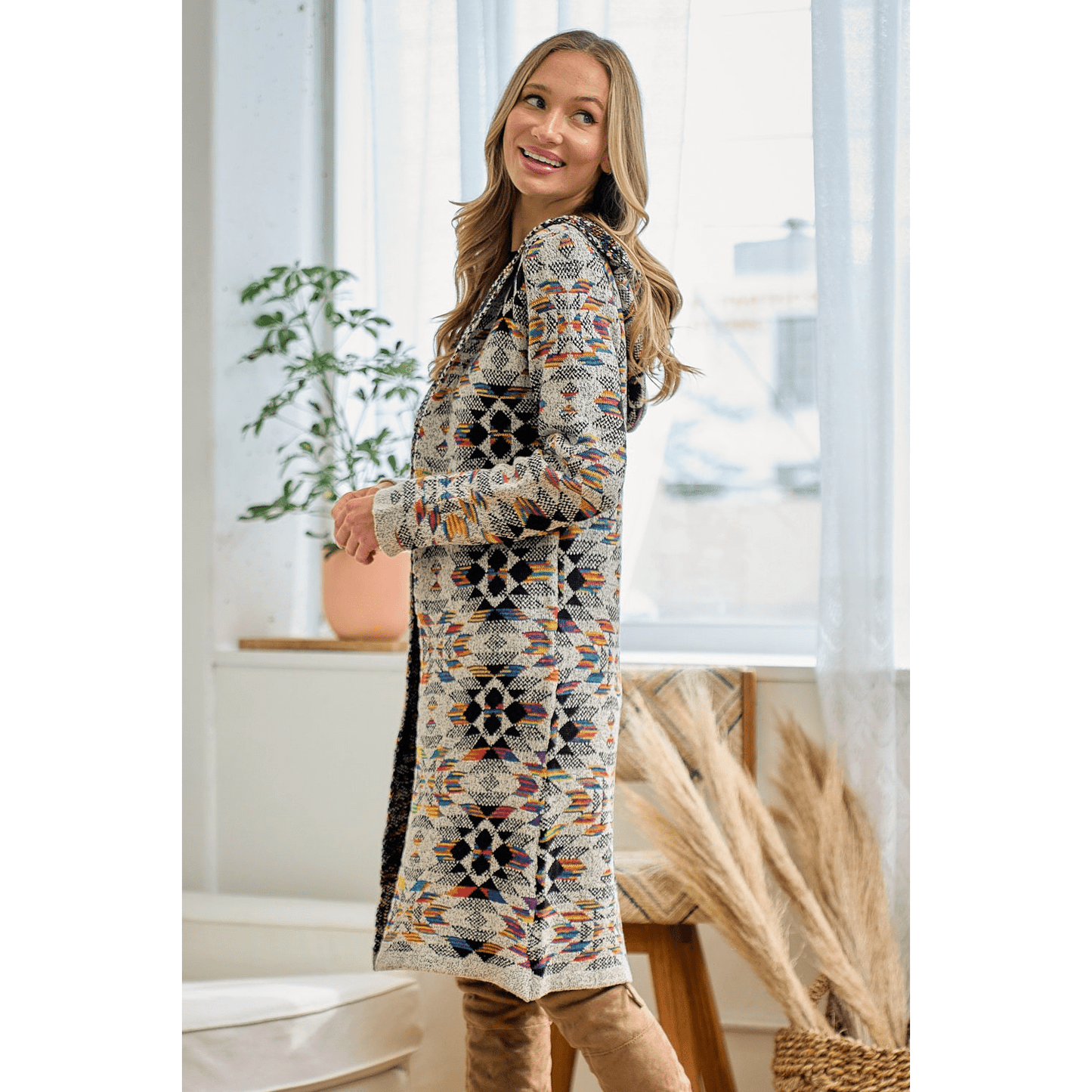 Hooded Boho Assymetric Print Open Front Cardigan