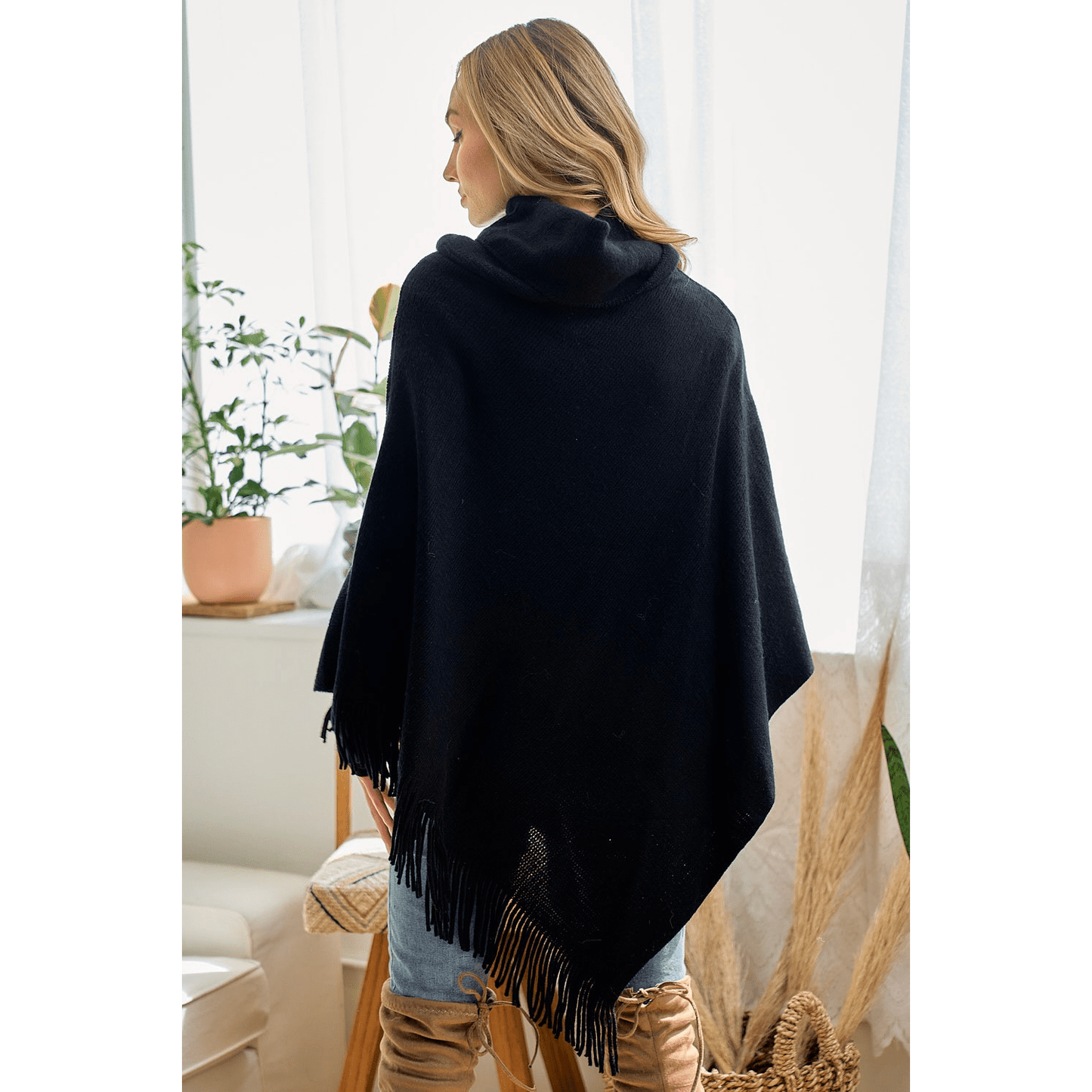 Cozy Sweater Cowl Neck Poncho With Fringe Trim