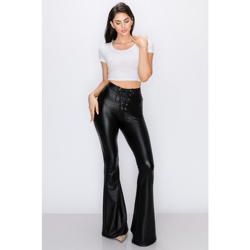 Lace Up Vegan Leather Flare Pants