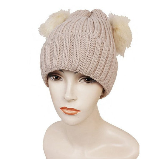 Ribbed Knit Double Pom Beanie