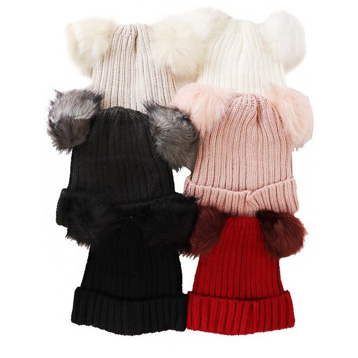 Ribbed Knit Double Pom Beanie