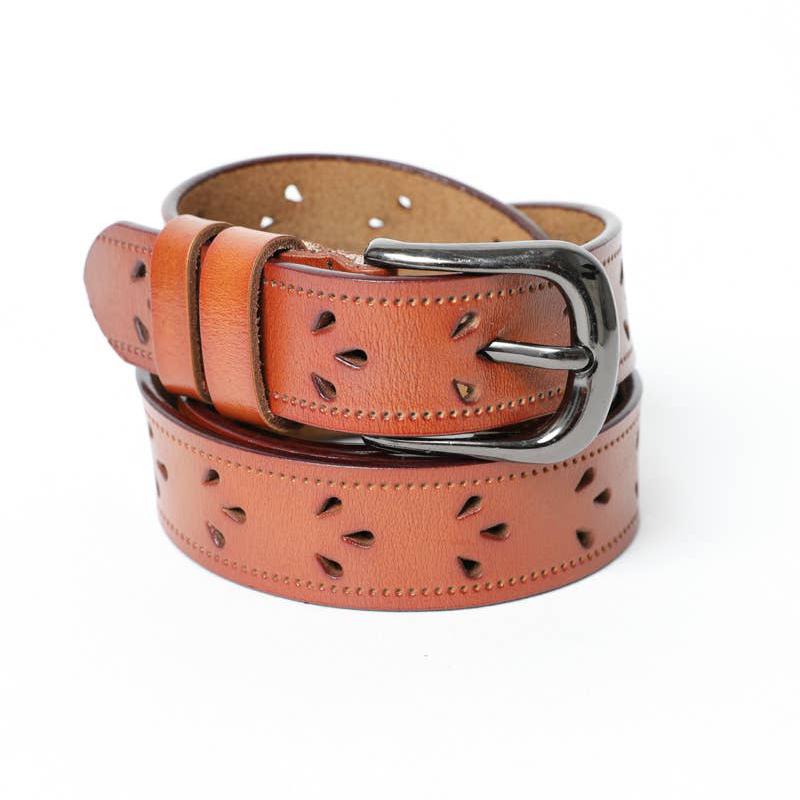 Petal Punch Out Leather Belt | Camel