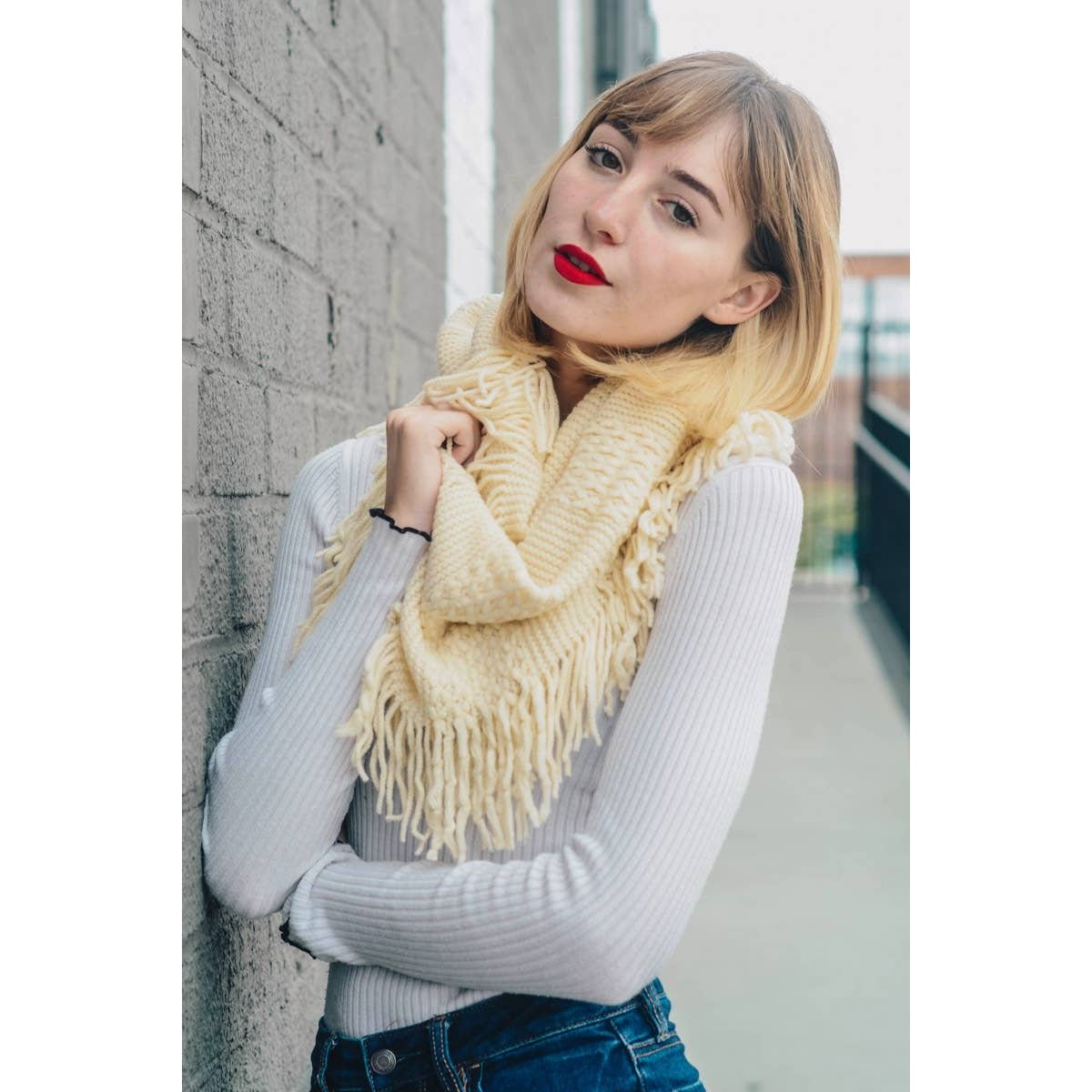 Pointelle Fringe Infinity Scarf