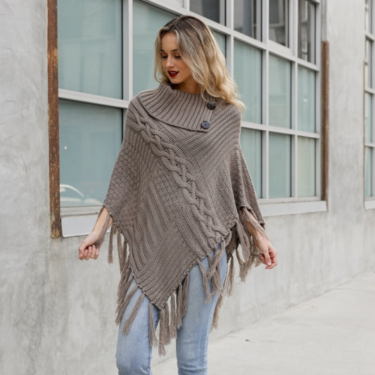 Cable Knit Poncho With Tassels