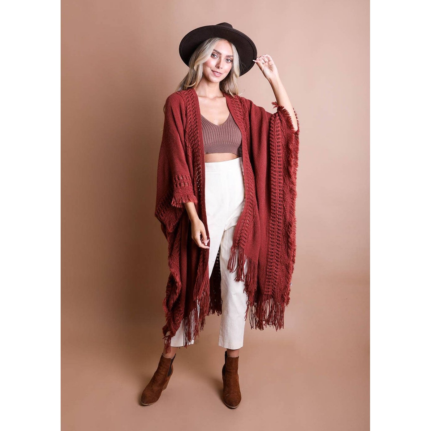 Open Work Frayed Border Bohemian Ruana