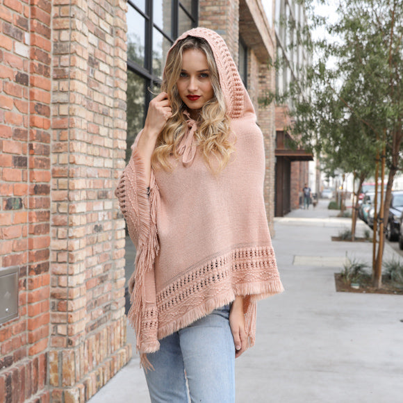 Openwork online lacy knit poncho hood