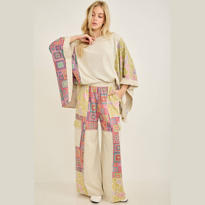 Mineral Washed Crochet Flower Printed Poncho