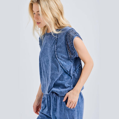 Mineral Wash Trim Cap sleeve Blouse