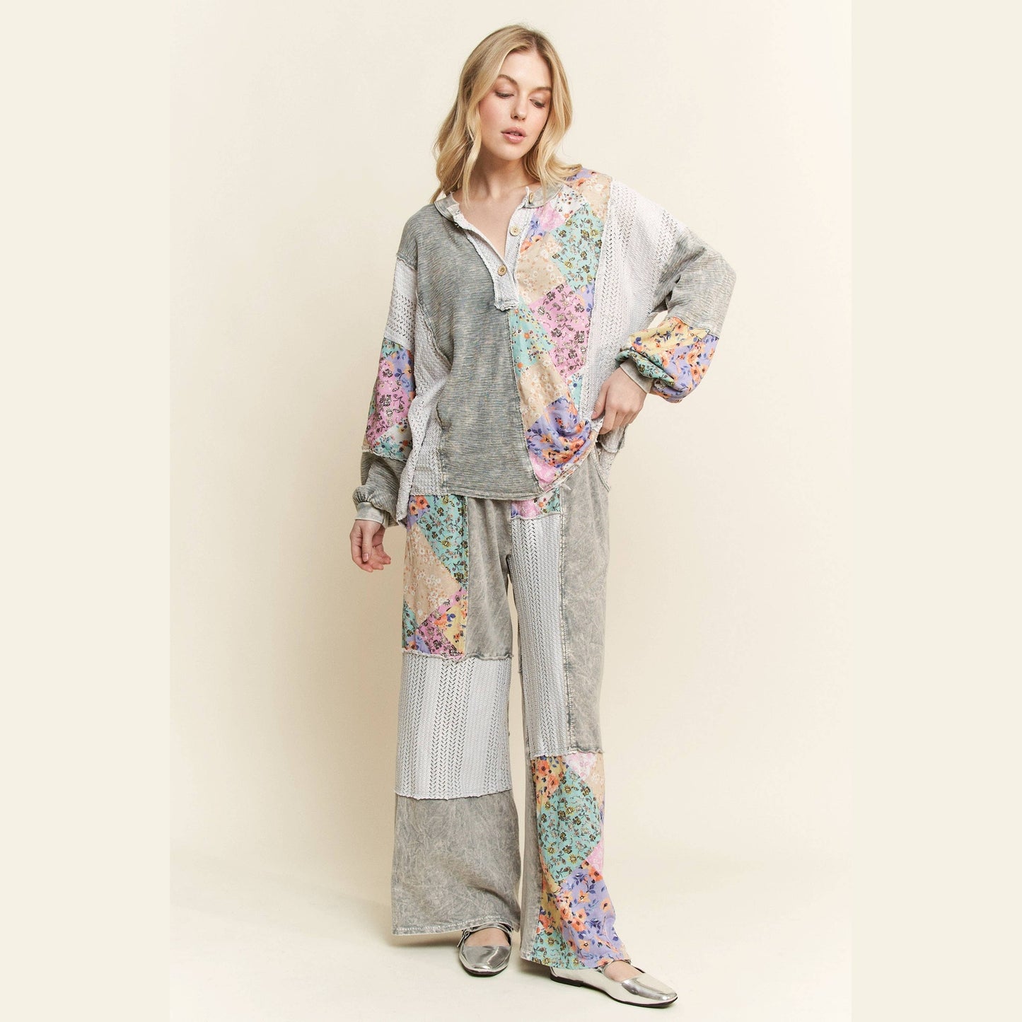 Mineral Washed Floral Wave Knit Jacquard Boho Pants